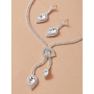 Silver Rhinestone Glam Set Necklace Earrings‎ Crystal Jewelry Prom Date Party